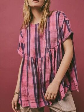 We The Free Pink Plaid Short-Sleeve Baby Doll Top